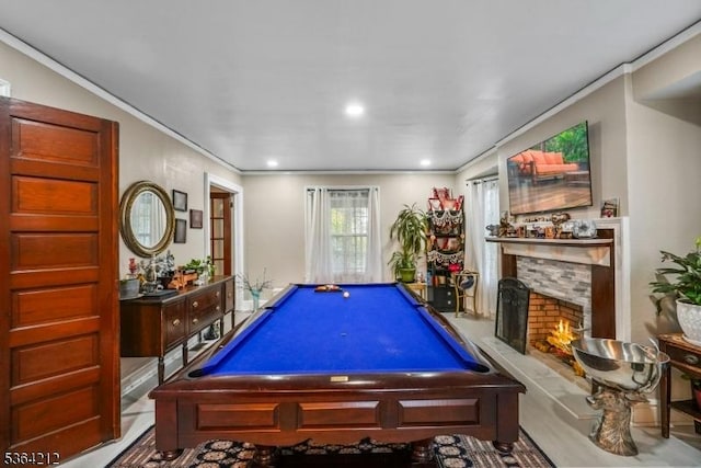 129 S Munn Ave, East Orange City, NJ 07018 - playroom with billiards table, crown molding, and a warm lit fireplace