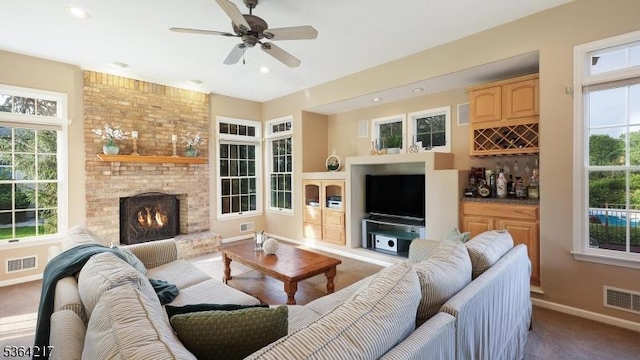 74 Oxford Pl, Hillsborough Twp, NJ 08844 - living area featuring plenty of natural light, a fireplace, ceiling fan, carpet, and recessed lighting
