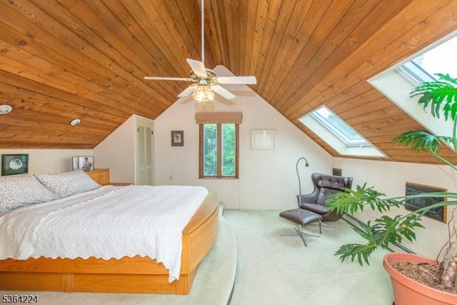 25 Mordaunt Rd, Vernon Twp, NJ 07462 - bedroom featuring a skylight, wood ceiling, carpet floors, lofted ceiling, and ceiling fan