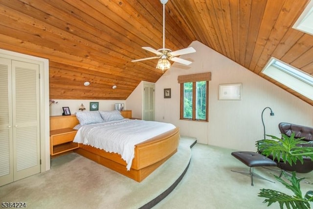 25 Mordaunt Rd, Vernon Twp, NJ 07462 - carpeted bedroom featuring wooden ceiling, a skylight, vaulted ceiling, and ceiling fan