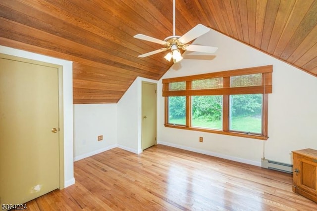 25 Mordaunt Rd, Vernon Twp, NJ 07462 - additional living space with a baseboard heating unit, wooden ceiling, vaulted ceiling, a ceiling fan, and light wood-type flooring