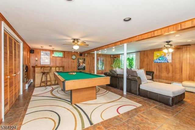 25 Mordaunt Rd, Vernon Twp, NJ 07462 - playroom with wood walls, ceiling fan, pool table, and tile patterned flooring