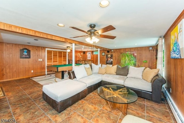 25 Mordaunt Rd, Vernon Twp, NJ 07462 - living room featuring wooden walls, a baseboard radiator, billiards, a ceiling fan, and recessed lighting