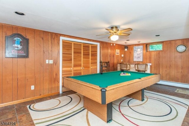 25 Mordaunt Rd, Vernon Twp, NJ 07462 - game room featuring a baseboard radiator, wood walls, a ceiling fan, and billiards