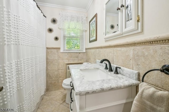 1707 Valley Rd, Long Hill Twp, NJ 07946 - bathroom with crown molding, vanity, tile walls, tile patterned flooring, and a wainscoted wall