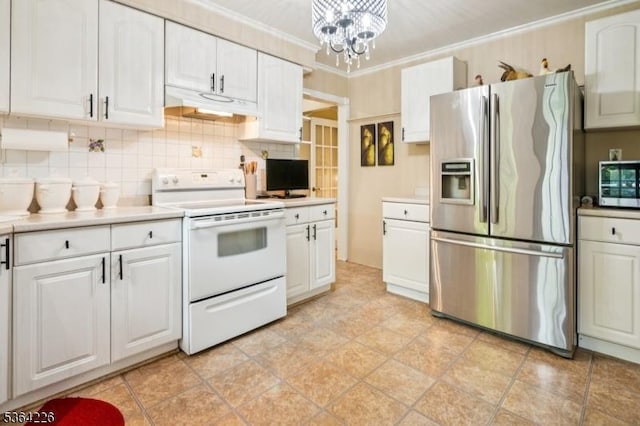 1707 Valley Rd, Long Hill Twp, NJ 07946 - kitchen featuring stainless steel appliances, under cabinet range hood, light countertops, white cabinets, and crown molding