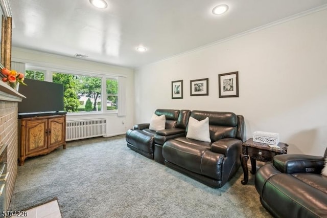 1707 Valley Rd, Long Hill Twp, NJ 07946 - carpeted living area with radiator heating unit, crown molding, recessed lighting, and a fireplace