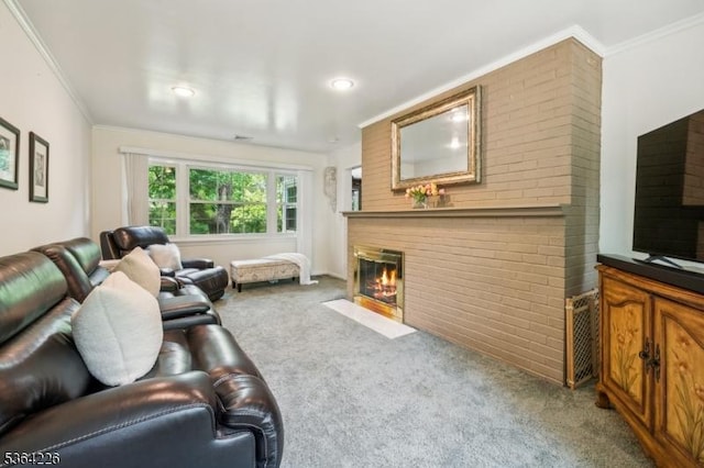 1707 Valley Rd, Long Hill Twp, NJ 07946 - living room with a fireplace with flush hearth, carpet floors, ornamental molding, and recessed lighting