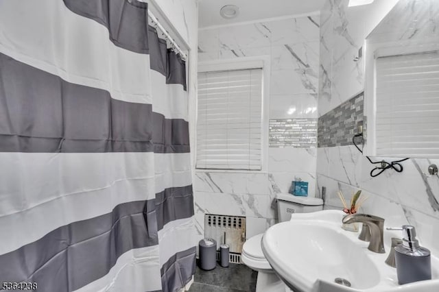 1332 Maple Ter, Rahway City, NJ 07065 - bathroom with radiator, tile walls, and curtained shower