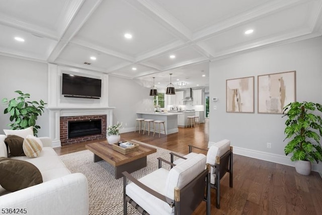 4 Hanover Rd Unit 1, Florham Park Boro, NJ 07932 - living room featuring coffered ceiling, dark wood-style flooring, a brick fireplace, beamed ceiling, and recessed lighting