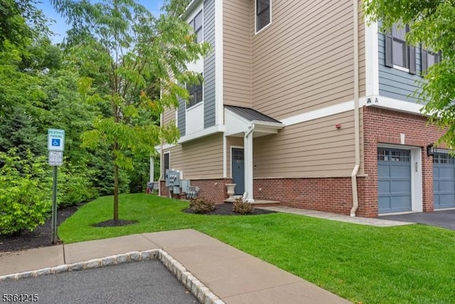 4 Hanover Rd Unit 1, Florham Park Boro, NJ 07932 - property entrance featuring brick siding, an attached garage, a lawn, and asphalt driveway