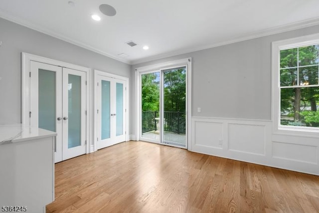 4 Hanover Rd Unit 1, Florham Park Boro, NJ 07932 - unfurnished room with french doors, ornamental molding, wainscoting, light wood-style flooring, and recessed lighting