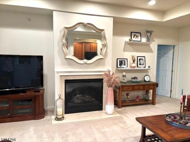 28 Ridgeview Ln, Mount Arlington Boro, NJ 07856 - living room with light carpet and a fireplace with flush hearth