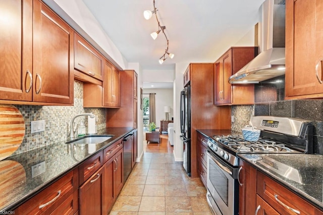 1200 Springfield Ave Unit 3A, New Providence Boro, NJ 07974 - kitchen with appliances with stainless steel finishes, wall chimney range hood, dark stone counters, and tasteful backsplash