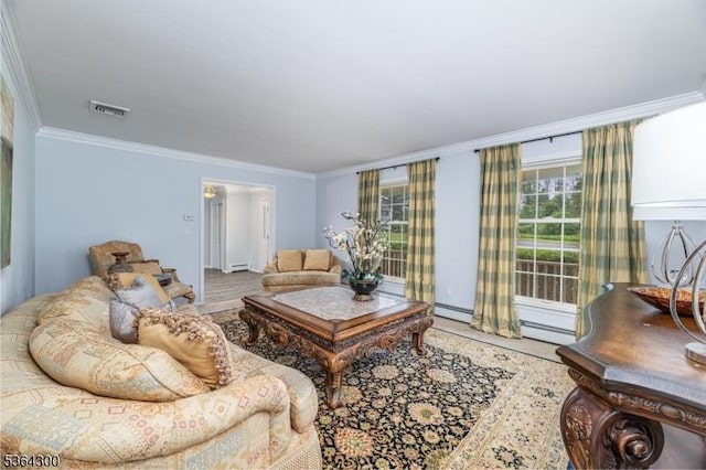 1 Warwick Dr, Washington Twp, NJ 07853 - living room with ornamental molding, a baseboard heating unit, and a baseboard radiator