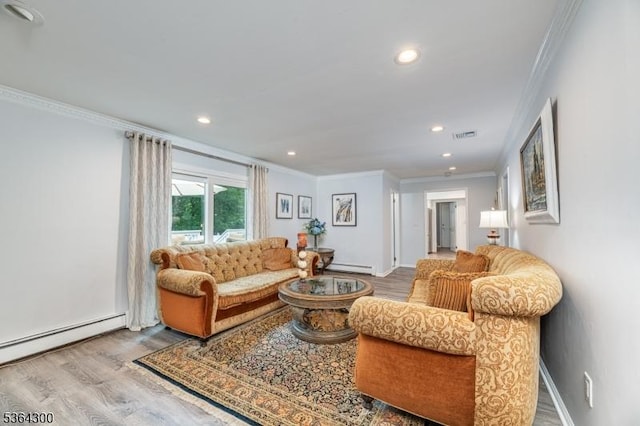 1 Warwick Dr, Washington Twp, NJ 07853 - living area featuring ornamental molding, wood finished floors, baseboard heating, and recessed lighting