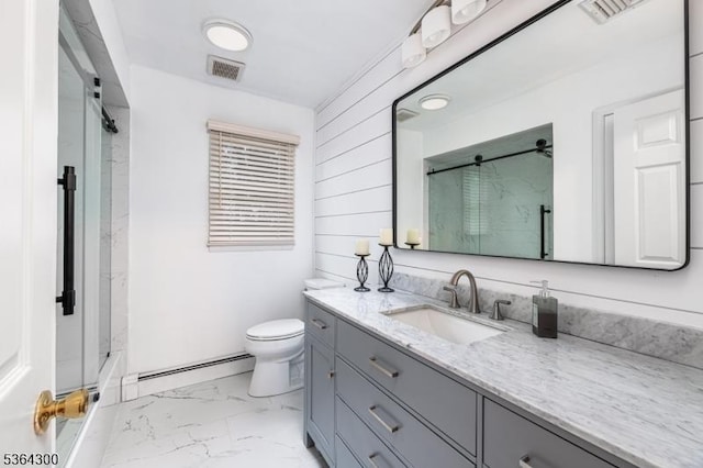 1 Warwick Dr, Washington Twp, NJ 07853 - full bath with a baseboard radiator, marble look tile flooring, vanity, and a marble finish shower