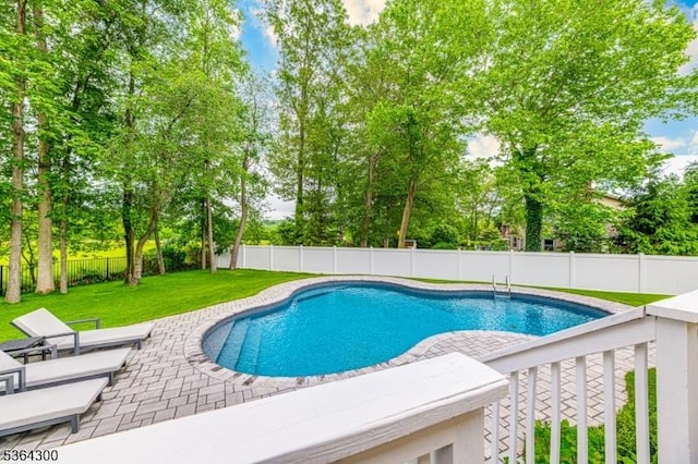 1 Warwick Dr, Washington Twp, NJ 07853 - view of swimming pool featuring a patio area, a fenced backyard, and view of wooded area