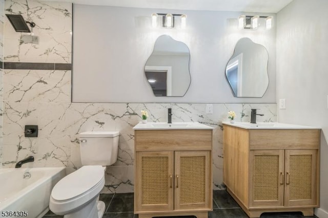 9 Somerset Pl, West Milford Twp, NJ 07480 - full bath featuring two vanities, shower / washtub combination, tile walls, and tile patterned flooring