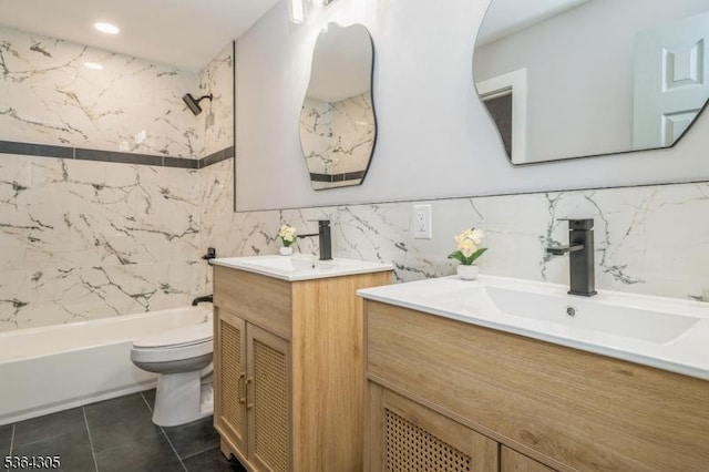 9 Somerset Pl, West Milford Twp, NJ 07480 - full bathroom featuring two vanities, tile walls, shower / washtub combination, and tile patterned floors