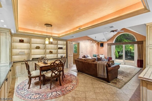 2242 Shawnee Path, Scotch Plains Twp, NJ 07076 - dining room with a raised ceiling, ceiling fan, and light tile patterned floors