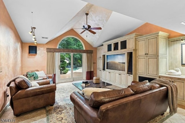 2242 Shawnee Path, Scotch Plains Twp, NJ 07076 - living area with a ceiling fan and vaulted ceiling