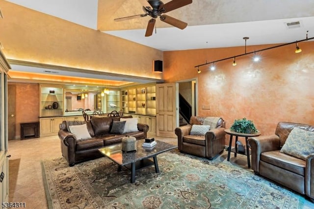 2242 Shawnee Path, Scotch Plains Twp, NJ 07076 - living room featuring a ceiling fan, built in features, high vaulted ceiling, and tile patterned floors