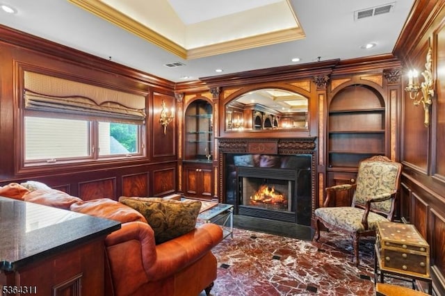 2242 Shawnee Path, Scotch Plains Twp, NJ 07076 - living area featuring a fireplace with flush hearth, ornamental molding, built in features, marble finish floors, and recessed lighting