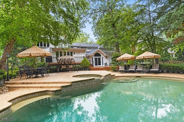 2242 Shawnee Path, Scotch Plains Twp, NJ 07076 - view of pool featuring a wooden deck, a patio, a pool with connected hot tub, and a gazebo