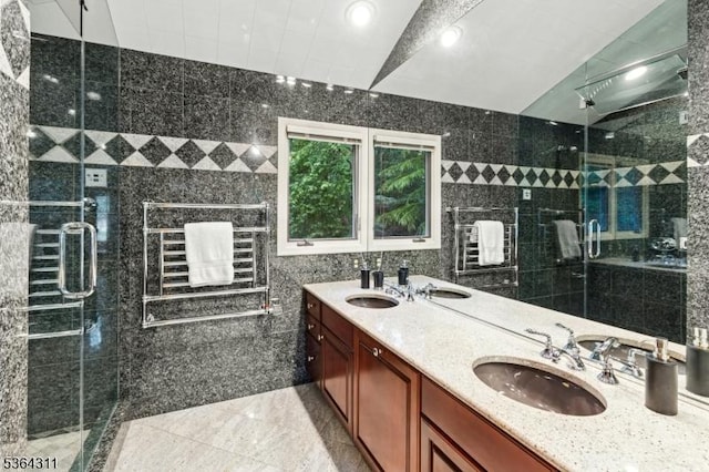2242 Shawnee Path, Scotch Plains Twp, NJ 07076 - bathroom featuring double vanity, a stall shower, tile walls, and recessed lighting