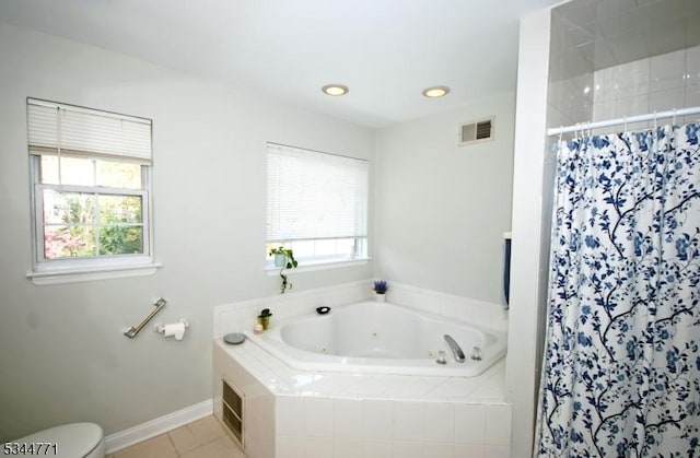58 Greenbrook Rd, Green Brook Twp, NJ 08812 - bathroom with a whirlpool tub, a shower stall, tile patterned floors, and recessed lighting