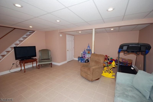 58 Greenbrook Rd, Green Brook Twp, NJ 08812 - living room with stairs, tile patterned floors, a paneled ceiling, and recessed lighting