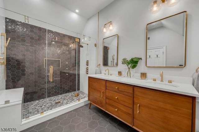 7 Whalen Ct, West Orange Twp, NJ 07052 - full bath featuring double vanity, tile patterned flooring, a stall shower, and recessed lighting