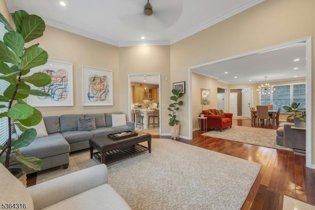 7 Whalen Ct, West Orange Twp, NJ 07052 - living area featuring ceiling fan, crown molding, a chandelier, hardwood / wood-style flooring, and recessed lighting