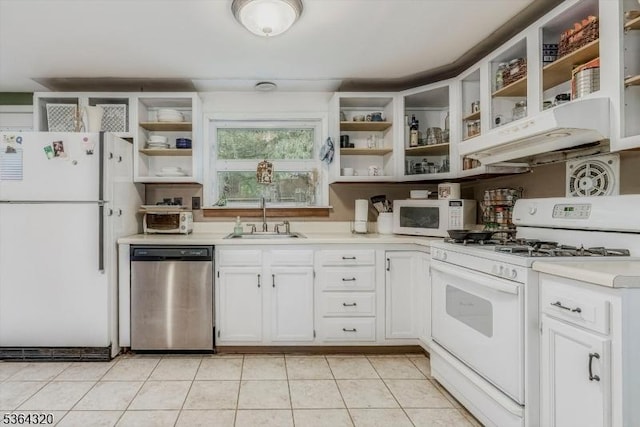 53 Lonaconing Rd, Vernon Twp, NJ 07422 - kitchen featuring white appliances, open shelves, light countertops, and white cabinets