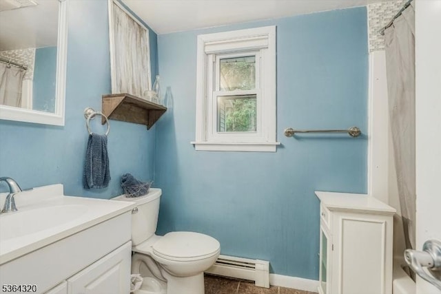 53 Lonaconing Rd, Vernon Twp, NJ 07422 - full bath featuring baseboard heating, vanity, a shower with curtain, and tile patterned flooring