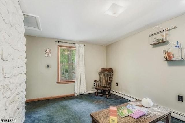 53 Lonaconing Rd, Vernon Twp, NJ 07422 - living area with carpet floors, attic access, and a baseboard radiator