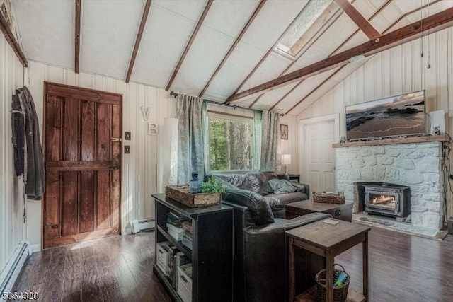 53 Lonaconing Rd, Vernon Twp, NJ 07422 - living area with a baseboard radiator, wood finished floors, a fireplace, and wooden walls