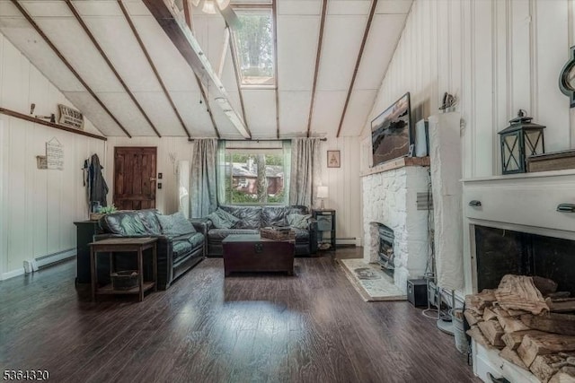 53 Lonaconing Rd, Vernon Twp, NJ 07422 - living room with a stone fireplace, a baseboard radiator, wood finished floors, high vaulted ceiling, and beamed ceiling