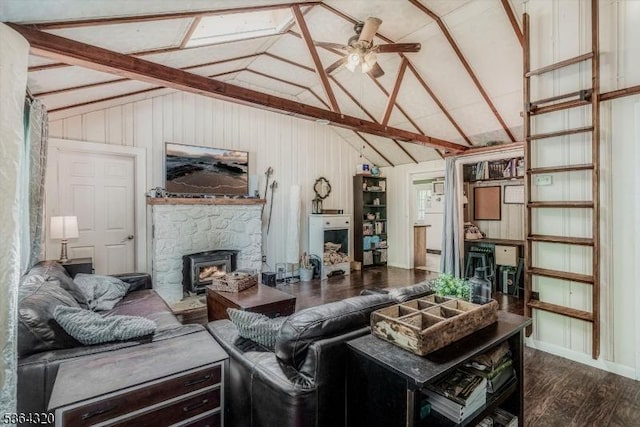 53 Lonaconing Rd, Vernon Twp, NJ 07422 - living room featuring vaulted ceiling, dark wood-style flooring, and wood walls