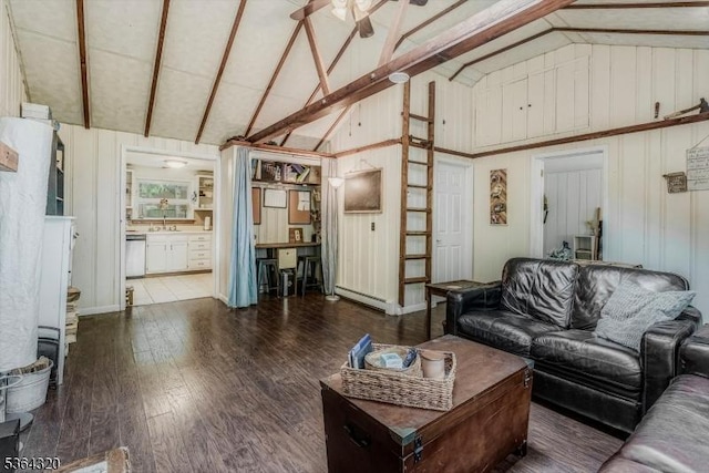 53 Lonaconing Rd, Vernon Twp, NJ 07422 - living area featuring high vaulted ceiling, wood finished floors, a ceiling fan, a baseboard heating unit, and wooden walls