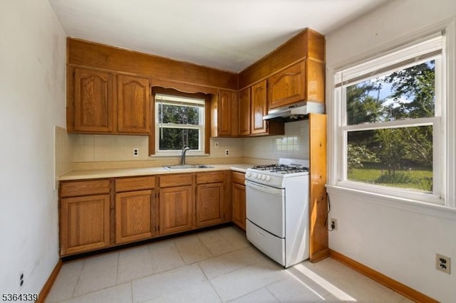 87 S Ridgedale Ave, East Hanover Twp, NJ 07936 - kitchen with white gas stove, brown cabinetry, backsplash, and light countertops