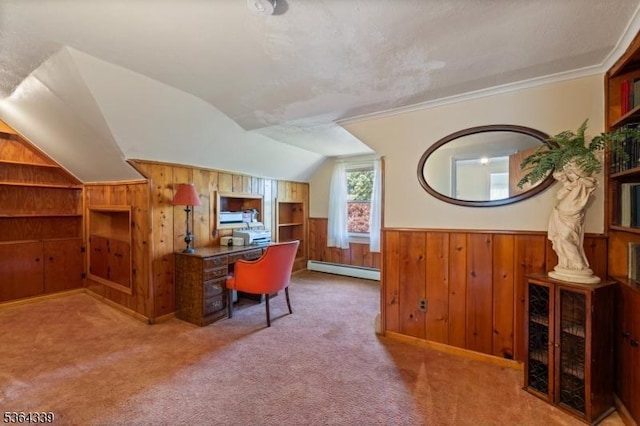 87 S Ridgedale Ave, East Hanover Twp, NJ 07936 - office with a baseboard radiator, wooden walls, wainscoting, vaulted ceiling, and carpet