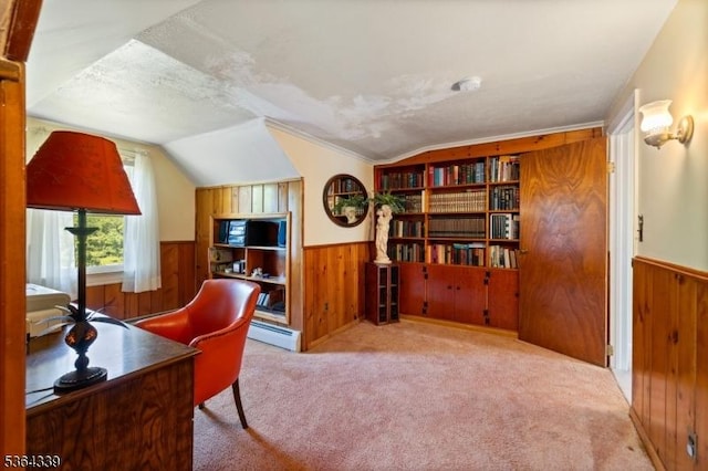 87 S Ridgedale Ave, East Hanover Twp, NJ 07936 - carpeted office space featuring a wainscoted wall, wood walls, lofted ceiling, and a baseboard heating unit