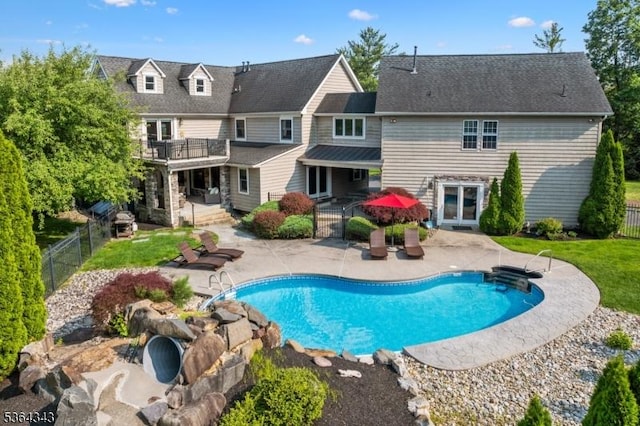 231 Woods Rd, Hillsborough Twp, NJ 08844 - view of swimming pool with a fenced backyard, a patio area, and french doors