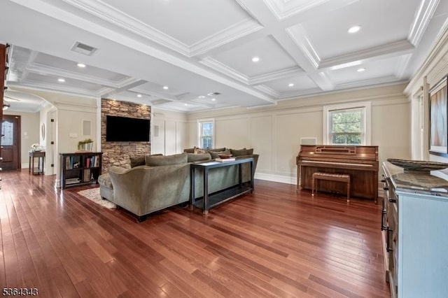231 Woods Rd, Hillsborough Twp, NJ 08844 - living room featuring coffered ceiling, dark wood-style floors, crown molding, and beamed ceiling