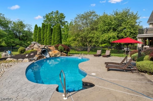 231 Woods Rd, Hillsborough Twp, NJ 08844 - view of swimming pool with a water slide, a patio area, and view of scattered trees