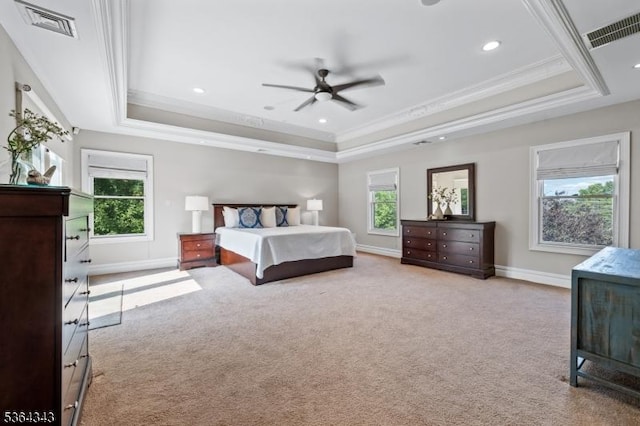 231 Woods Rd, Hillsborough Twp, NJ 08844 - bedroom featuring a raised ceiling, carpet, crown molding, recessed lighting, and a ceiling fan