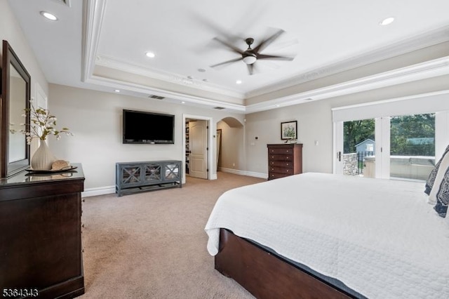 231 Woods Rd, Hillsborough Twp, NJ 08844 - bedroom featuring a tray ceiling, access to exterior, crown molding, recessed lighting, and light carpet