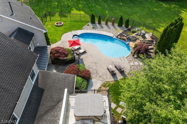 231 Woods Rd, Hillsborough Twp, NJ 08844 - view of pool with a patio, a fenced backyard, and an outdoor fire pit
